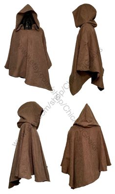 four different views of a hooded cloak with hoods on top and bottom, one in brown
