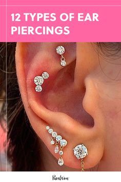 two different types of ear piercings with the words, 12 types of ear piercings