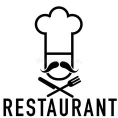the restaurant logo with a chef's hat, mustaches and fork royalty illustration