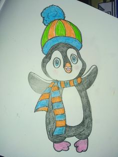 a drawing of a penguin wearing a hat and scarf