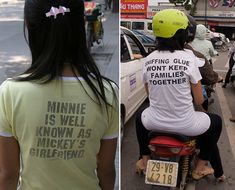 two pictures side by side one with a woman on a scooter and the other with a t - shirt that says minnie is well known as mickey's girlfriend