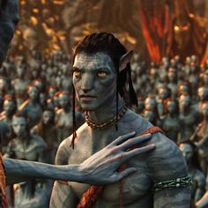 a scene from the movie avatars, with two men in white makeup and one man wearing