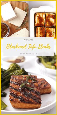grilled tofu steaks on a plate with broccoli