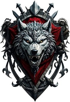 a wolf head with two swords on it's chest and some other animals around it