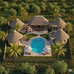 an aerial view of a resort with a swimming pool and thatched roof huts in the background