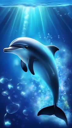 a dolphin swimming in the ocean with bubbles and sunbeams above it's surface