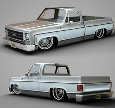 an old pickup truck is shown in three different views, including the front and back