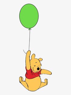 winnie the pooh flying with a green balloon in its hand and holding it up
