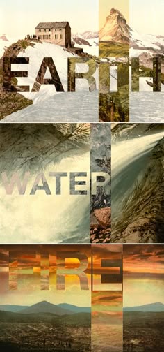 four different images with the words earth and water on them, including mountains in the background