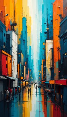 an abstract painting of people walking down a city street with tall buildings in the background