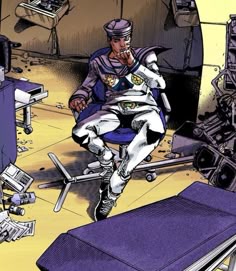 a man sitting on top of a purple chair