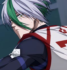 an anime character with white hair and green eyes holding his arm out to the side