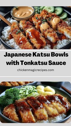 two pictures with different types of food in them and the words japanese kitsu bowls with tonkatsu sauce