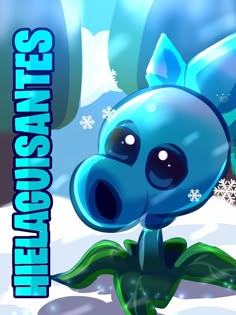 a blue cartoon character standing in the snow