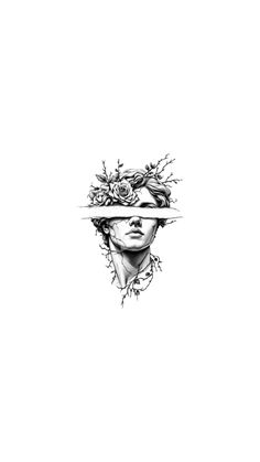 a black and white drawing of a woman's face with flowers on her head