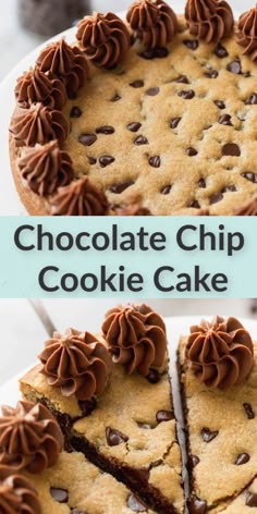 chocolate chip cookie cake on a white plate