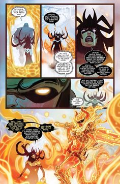 a comic page with an image of a woman in gold and black clothing, surrounded by flames