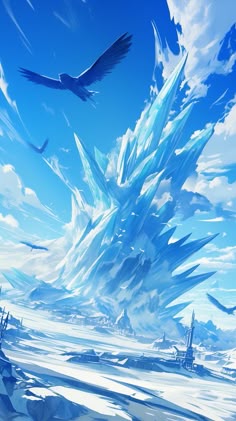 an ice covered landscape with birds flying over it