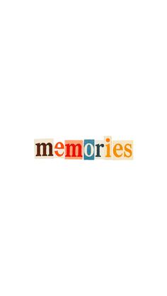 the word memories written in multicolored letters on a white background with an orange and yellow stripe