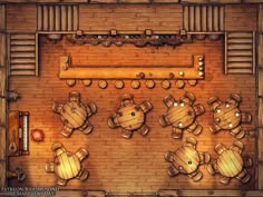 an overhead view of a restaurant with wooden tables and stools