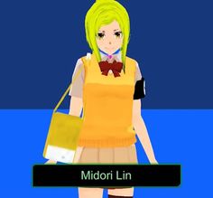 a girl with green hair is holding a yellow bag and wearing an orange top that says midori lin