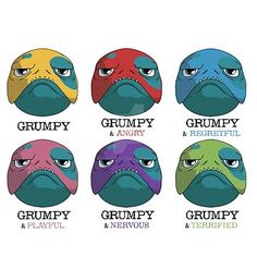 six different types of cartoon faces with the words grumpy and angry on them