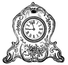 an antique clock with flowers and vines on the face, vintage line drawing or engraving illustration