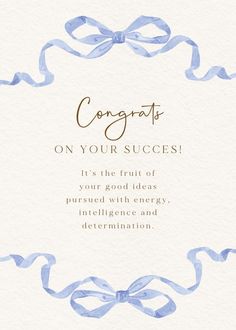 congratulations on your success card with blue ribbon and gold foil lettering, in the shape of a bow