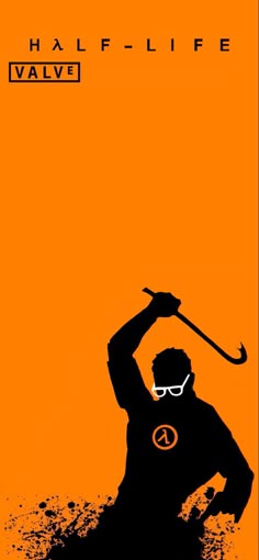 an orange and black poster with a man in glasses holding a baseball bat over his shoulder