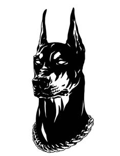 a black and white drawing of a dog's head, with the words doberman on