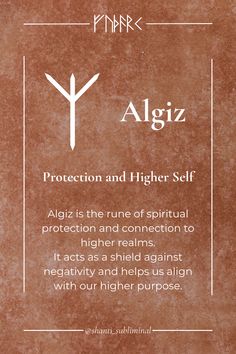 an algiz prayer card with the words, protection and higher self