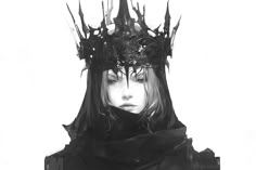a black and white photo of a woman wearing a crown with spikes on her head