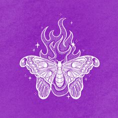 a drawing of a butterfly with flames on it's wings in purple and white