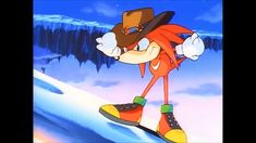 an orange and black cartoon with a hat on standing in the middle of a snowy area