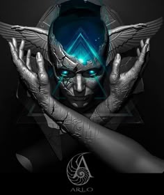 a man with his hands on his face and wings over his head, in front of a black background