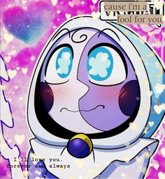 an anime character with blue eyes and purple hair, wearing a space suit in front of hearts