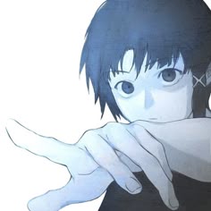 a drawing of a boy with blue hair holding his hand to his mouth and looking at the camera