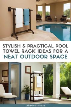 an indoor pool and spa with towels hanging on the rack, next to it's outdoor space