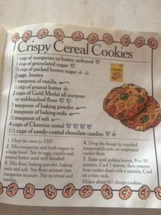 the recipe for crispy cereal cookies is displayed on a piece of paper