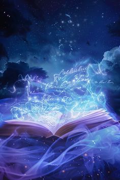 an open book with writing on it in the night sky above clouds and stars,