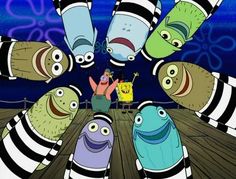 an image of cartoon characters surrounded by fish