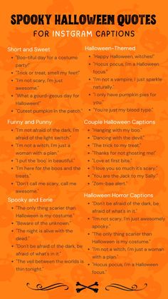 halloween quotes for instagram captions on an orange background with black and white lettering