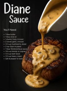 sauce being poured on top of a piece of meat covered in gravy, with the words you'll need