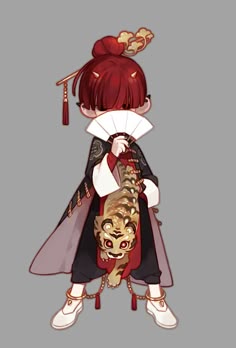 an anime character with red hair wearing a costume and holding a cat in her hand