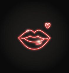 neon lips with hearts on black background