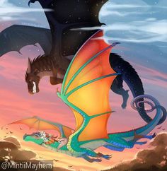 a dragon is flying in the sky with another dragon on it's back side