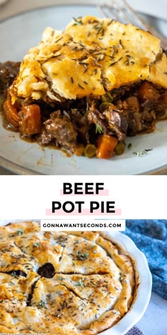 beef pot pie on a white plate with text overlay