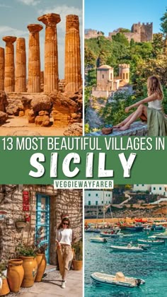 the most beautiful villages in siliy, italy with text overlaying it