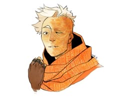 a drawing of a man with white hair wearing an orange scarf and holding his hands together
