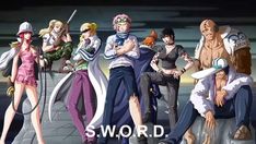 several anime characters standing together in front of a dark background with the words swordd above them